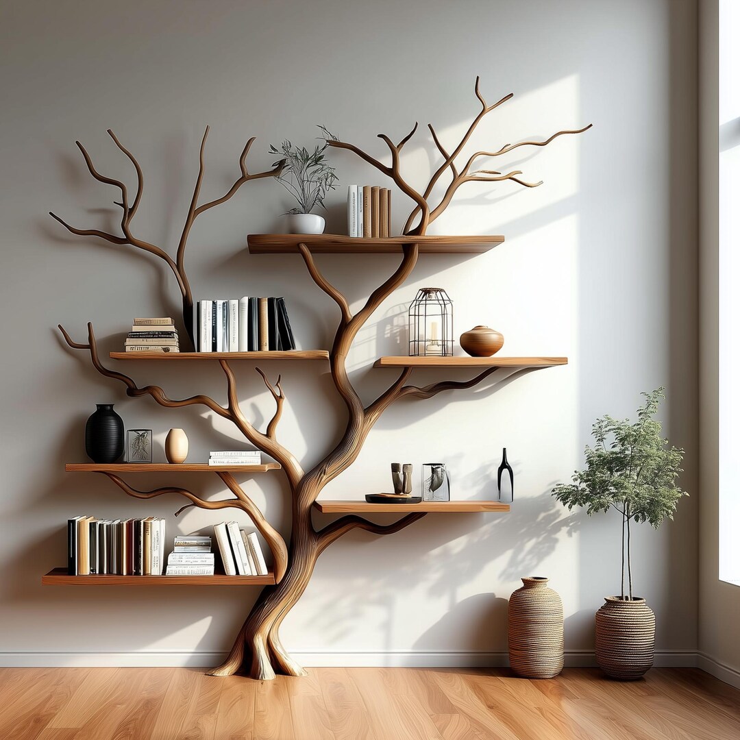 Bookcase Round Tree Tree Shaped Wooden Bookshelf, Natural Tree Branch Wall Shelf, Handmade ...