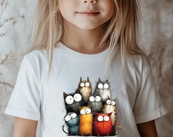 Maglietta per bambine con gatto - Magliette carine - Maglietta per amanti dei gatti - Abbigliamento moderno per bambini - Maglietta per scolari