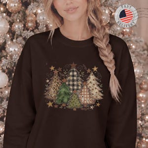 Shirt Weihnachtsbäume Pulli Weihnachten Damen | Leopard Print Shirt | trendy Christmas | Pullover mit Weihnachtsmotiv | Vintage Sweater