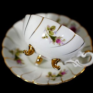 Vintage Cherry China Japan Footed Teacup and Saucer – Pink Rose Floral, Gilded Trim – Pedestal Teacup, Mid Century Japanese Porcelain