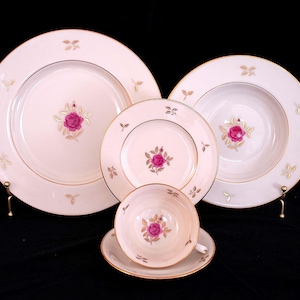 Vintage Lenox Rhodora 4-Piece Place Setting – Pink Rose & 24K Gold Trim – Mid-Century Fine China – Bundle Discounts with Free Shipping