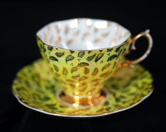 Vintage Royal Albert Yellow Gold Chintz Feather Teacup and Saucer – Vintage Bone China from England, 1960s