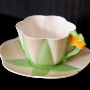 Extremely Rare Shelley Dainty “Apple Green Star” Teacup & Saucer – Floral Handle – Vintage Bone China England