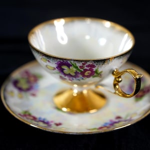 Vintage RITE Japan Footed Teacup & Saucer – Lusterware Floral Gold Trim – Iridescent Pearl Finish – Hand Painted