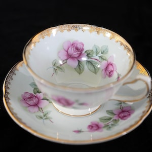 Vintage Royal Grafton Teacup Saucer – Pink Roses & Gold Scrolls – Fine Bone China, England, 1950s Floral Tea Cup Set