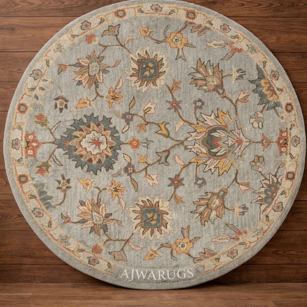 Handmade Wool Persian Floral Round Rug, Traditional Medallion Carpet, Soft Earth Tones Home Decor