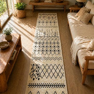 Moroccan Runner Rug, Black and White Berber Hallway Rug, Minimal Boho Tribal Carpet, Handmade Style Entryway Runner, Modern Farmhouse Decor