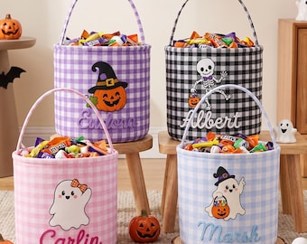 Personalized Halloween Basket for Kids, Custom Name Trick or Treat Bucket, Gingham Candy Bag, Boo Basket for Toddlers, Halloween Candy Bag