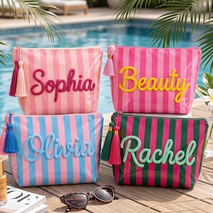 Personalized Travel Makeup Bag, Custom Name Striped Cosmetic Pouch for Beach Vacation, Waterproof Toiletry Bag for Women