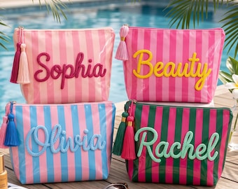 Personalized Travel Makeup Bag, Custom Name Striped Cosmetic Pouch for Beach Vacation, Waterproof Toiletry Bag for Women