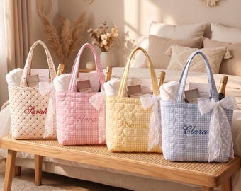 Maid of Honor Gift, Personalized Quilted Tote Bag with Name Embroidery, Gingham Bridesmaid Thank You Bag for Sister or Best Friend