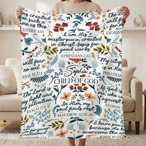 Personalized Christian Blanket with Bible Verses, Custom Name Scripture Throw, Child of God Floral Blanket, Religious Gift for Her, Gift,