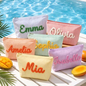 Personalized Seersucker Cosmetic Bag, Bridesmaid Gift, Custom Name Cosmetic Bag, Bridal Party Gifts, Embroidered Pouch, Bridesmaid Proposal