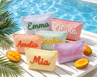Personalized Seersucker Cosmetic Bag, Bridesmaid Gift, Custom Name Cosmetic Bag, Bridal Party Gifts, Embroidered Pouch, Bridesmaid Proposal