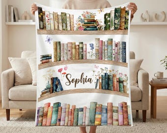 Couverture de livre personnalisée, jeté de lecture de noms personnalisés, couverture de bibliothèque florale, cadeau pour amoureux des livres, couverture de lecteur confortable, décoration de chambre de fille
