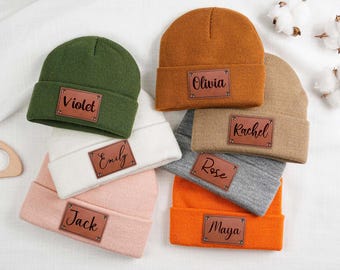 Personalized Baby Beanie, Newborn Knit Hat with Name Patch, Custom Leather Name Tag Beanie, Infant Toddler Winter Hat, Baby Shower Gift
