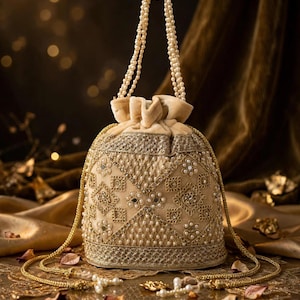 May include: A beige drawstring pouch bag featuring intricate gold embroidery, small white pearl accents, and reflective mirror details. The bag has a gathered top closure and a handle made of a double strand of white pearls with gold cord.