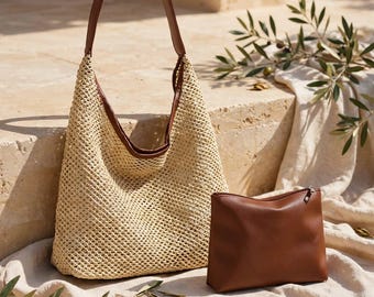 Geweven stro hobo tas met leren afwerking, inclusief bijpassend etui (boho zomerstijl)
