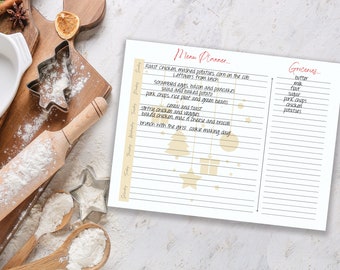 May include: A white printable menu planner with a weekly meal plan and a grocery list. The planner has a Christmas theme with illustrations of stars, ornaments, and Christmas trees.