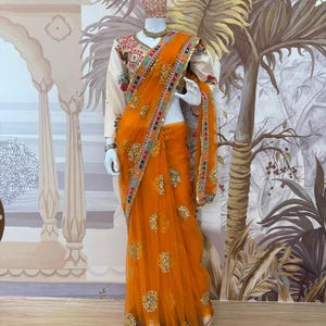 Embroidered Butterfly Net Saree: Stitched Silk Blouse, Lace Border