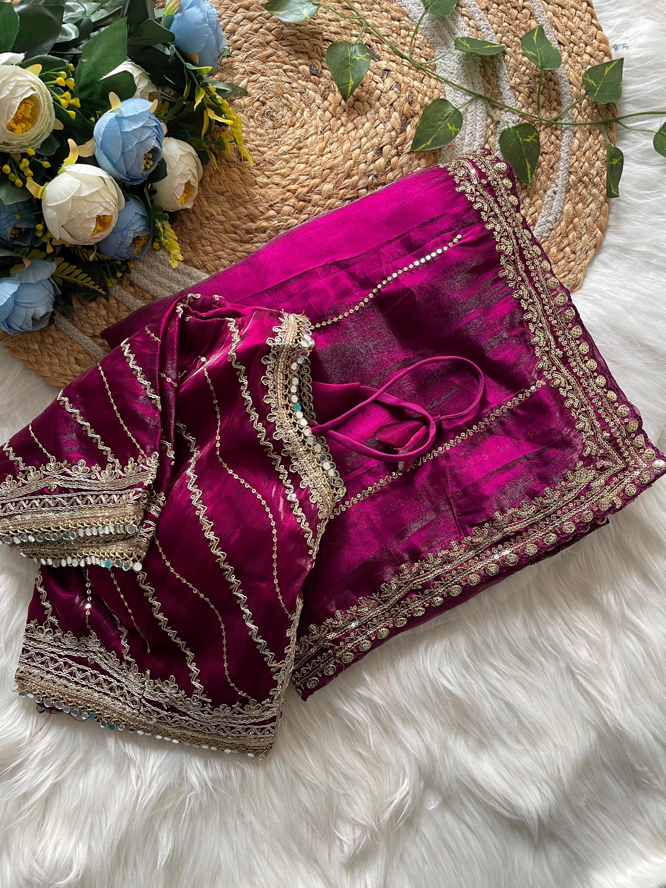 Luxury Zimmy Choo Silk Saree with Mirror Work Lace Blouse | Embroidered C-Pallu | Sequin & Zari Saree | Size 42 Blouse