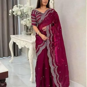 Zimmy Choo Satin Saree with Sequin Zari Work Embroidered Blouse | Party Wear Saree | Indian Designer Saree | Ready to Wear Saree with Blouse
