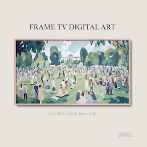 May include: A digital art print of a painting depicting a large group of people gathered in a park. The painting is done in a stylized, almost cartoonish style, with bright colors and simple shapes. The people are all wearing different clothes and are engaged in various activities, such as walking, talking, and sitting on the grass. The painting is framed in a light wood frame.
