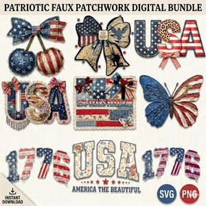 Puede incluir: Un paquete digital con diseños patrióticos. Incluye lazos, la palabra "USA" en varios estilos, una mariposa y los números "1776". Los diseños incorporan los colores y patrones de la bandera estadounidense. El texto incluye "250 YEARS FREEDOM" y "AMERICA THE BEAUTIFUL".