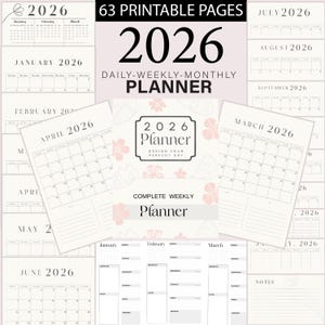 May include: A collection of printable 2026 planner pages. The pages include monthly, weekly, and daily layouts, with a floral design. The planner includes the text "2026 Planner" and "Design Your Perfect Day".