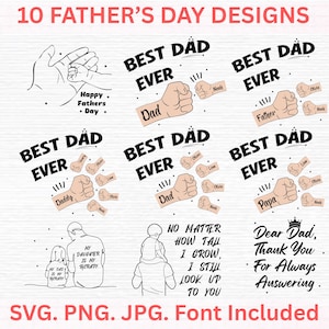 Conjunto de saludos para el Día del Padre (PNG), diseño para el Día del Padre, saludos para papá (SVG), saludos para papá (bebé, niño pequeño, papá), nombre personalizado (SVG), saludos familiares (SVG)