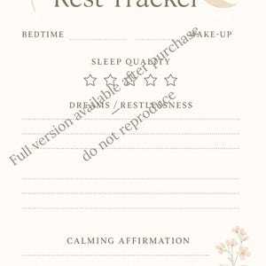 May include: A cream-colored printable rest tracker with the title "Moonlight Rest Tracker" in brown script. The design includes floral accents, a moon and stars graphic, and sections for tracking sleep quality, dreams, and calming affirmations.