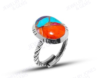 Anillo de turquesa con ostra espinosa hecho a mano: joyería de plata de ley con un toque llamativo