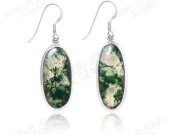 Handmade Moss Agate Dangle Earrings: 925 Sterling Silver, Oval Cabochon