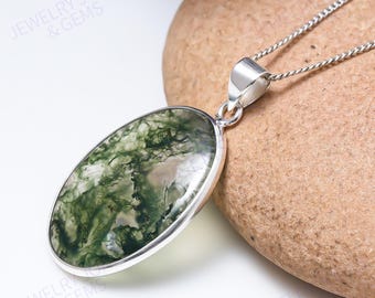 Handmade Oval Moss Agate Pendant Necklace, 925 Sterling Silver