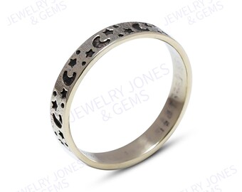 Handmade Star Moon Ring Moon Fidget Ring Narrow Band 925 Sterling Silver Oxidized Ring Gift for Teen Child Women
