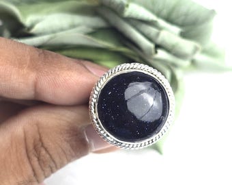 Handmade Blue Sandstone Ring 925 Sterling Silver Boho Statement Jewelry