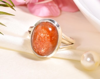 Natural Orange Sunstone  Ring 925 Sterling Silver Handmade Statement Unisex Jewelry