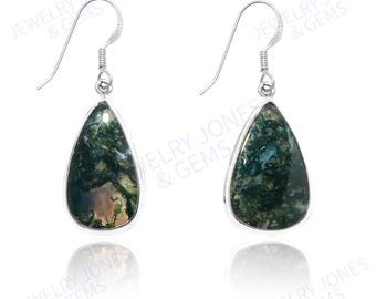 Handmade Moss Agate Dangle Earrings: 925 Sterling Silver Teardrop Jewelry