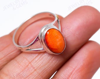Anillo de concha de ostra naranja de plata de ley 925, hecho a mano, forma ovalada, joyería bohemia, regalo de aniversario y cumpleaños para ella.