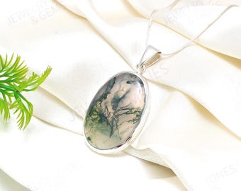 Green Moss Agate 925 Sterling Silver Handmade Oval Shape Pendant Neckless