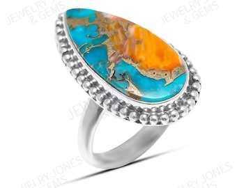 Anillo de turquesa de ostra espinosa hecho a mano: joyería de plata de ley con un toque de distinción