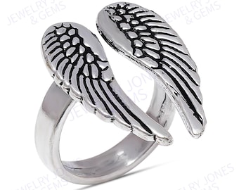 Solid Silver Angel Wing Adjustable Band 925 Sterling Silver Ring Statement Jewelry