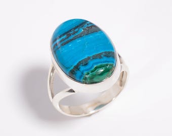 Chrysocolla Sterling Silver Ring, Oval Gemstone Ring