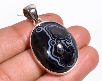 Black Gobi Agate Eyes 925 Sterling Silver Handmade Oval Shape Pendant Necklace for Her