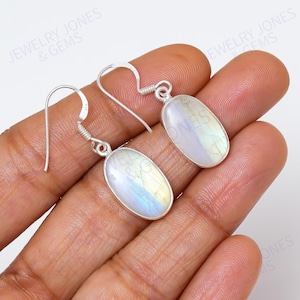 Rainbow Moonstone Dangle Earrings: Handmade 925 Sterling Silver