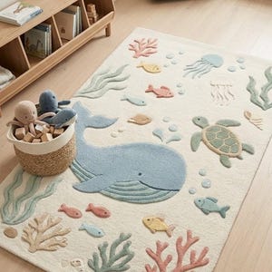 Puede incluir: Una alfombra rectangular con fondo blanco roto y un diseño oceánico con relieve. El motivo incluye una gran ballena azul, una tortuga marina verde, varios peces coloridos, medusas, ramas de coral y conchas marinas en tonos pastel suaves.