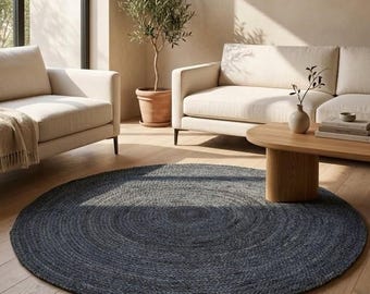 Blue Jute Round Rug: Hand-Braided Eco-Friendly Home Decor