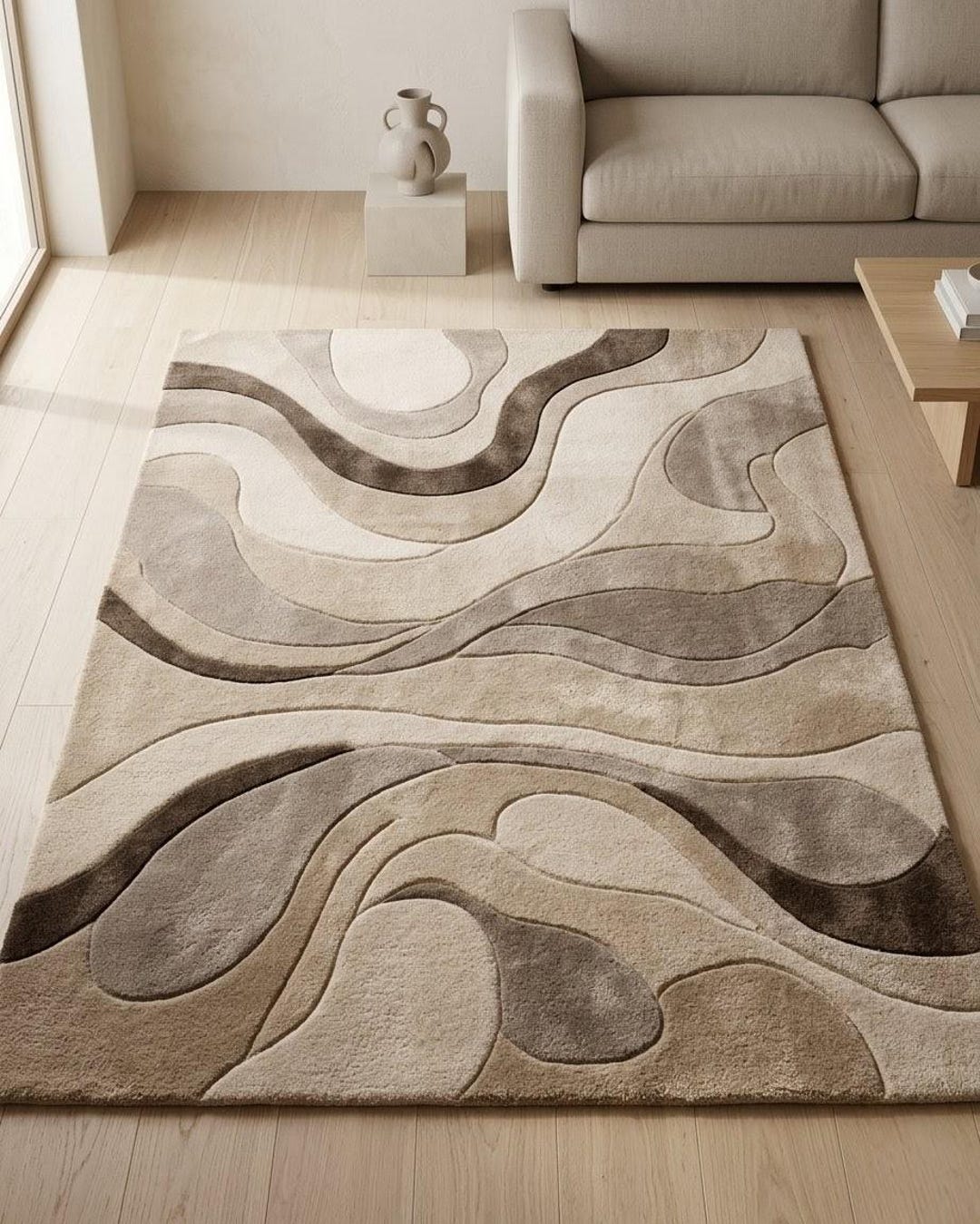 Modern Abstract Rug, Hand Tufted Area Rug, Neutral Beige Contemporary ...