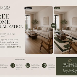 以下が含まれることがあります： Rugzaraのプロモーション画像。ラグを敷く前と後のリビングルームの比較写真が含まれています。テキストには「Free Home Visualization」とあり、顧客が部屋の写真を送ることでラグの配置を視覚化できるサービスについて説明されています。