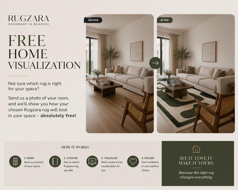 以下が含まれることがあります： Rugzaraのプロモーション画像。ラグを敷く前と後のリビングルームの比較写真が含まれています。テキストには「Free Home Visualization」とあり、顧客が部屋の写真を送ることでラグの配置を視覚化できるサービスについて説明されています。